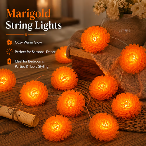 Artificial Marigold Flower Led String Light – Perfect For Day Of The Dead & Halloween