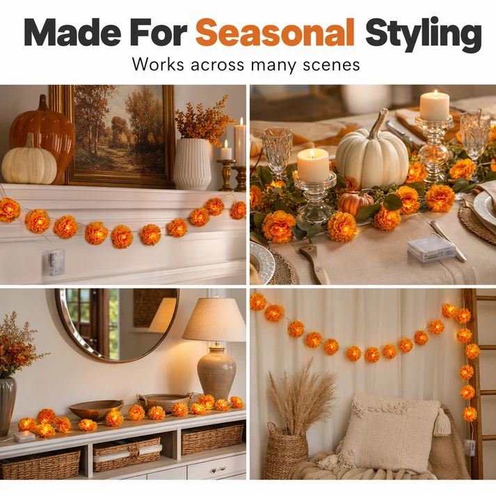 Artificial Marigold Flower Led String Light – Perfect For Day Of The Dead & Halloween